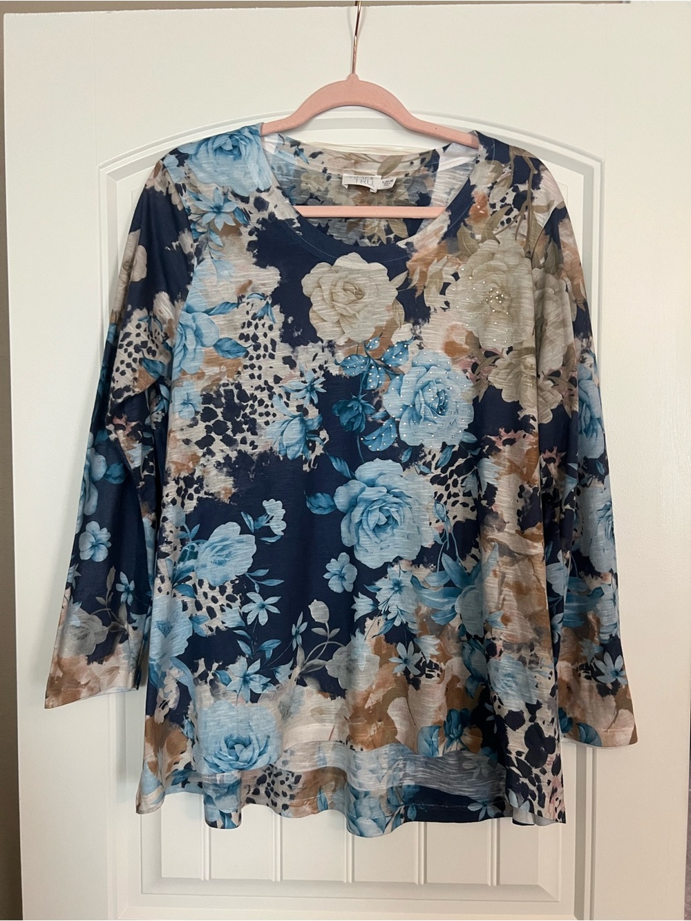 Time and Tru Navy Floral Long-Sleeve Top with Blue and Tan Accents